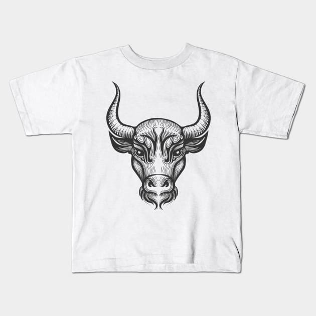 Bull Head Engraving illustration Kids T-Shirt by devaleta